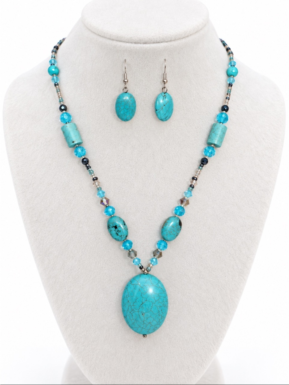 Turquoise Statement Necklace & Matching Dangle Earrings Beaded Jewelry Set